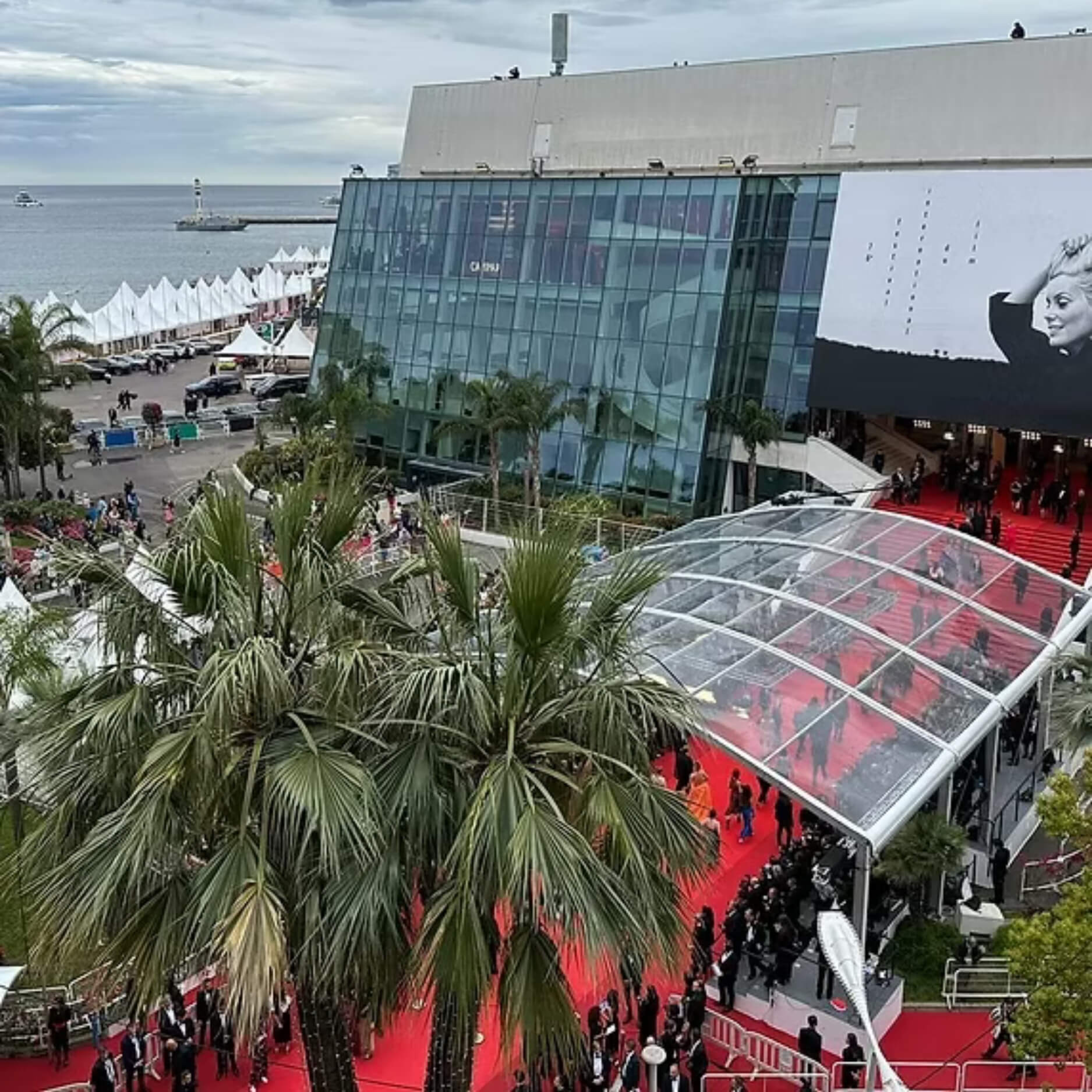 A photo of a top view of the Cannes Film Festival and red carpet.