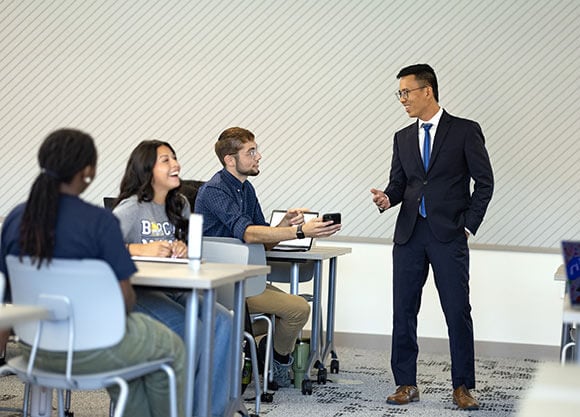 Students in the new School of Business building